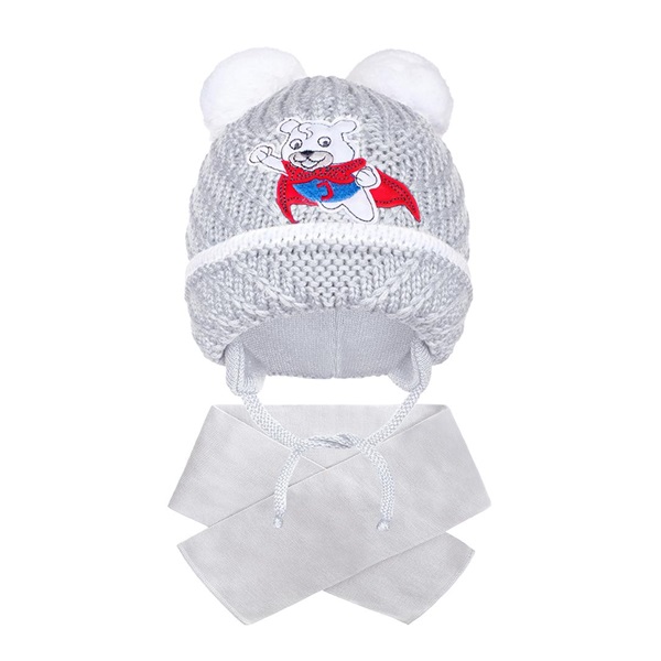 Zimowa czapka z szalikiem New Baby miś J szara