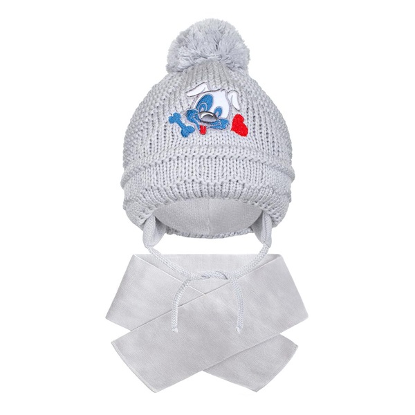 Zimowa czapka z szalikiem New Baby piesek szara