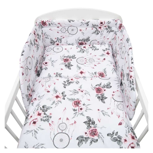 3-częściowa pościel New Baby 100/135 biała kwiaty i piórka