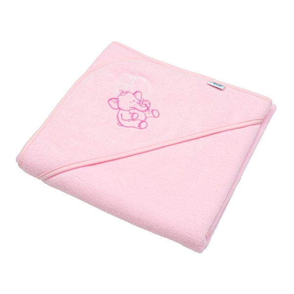 Okrycie kąpielowe frotte z kapturkiem i haftem New Baby 80x80 różowe słonik