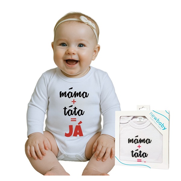 Body s potiskem New Baby máma plus táta rovná se JÁ - dárkové balení