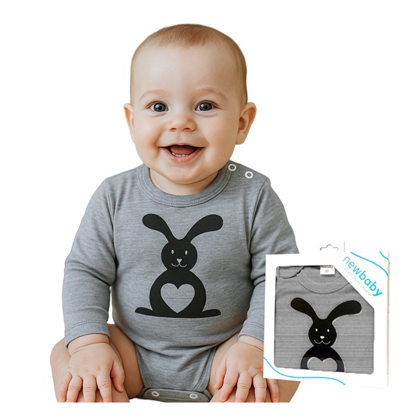 Body z długim rękawem New Baby Zwierzątko Króliczek szare