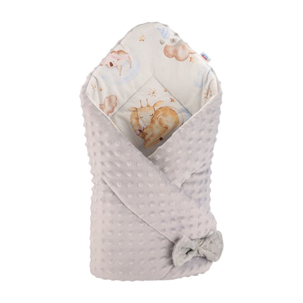 Dwustronny becik z Minky New Baby 75x75 cm śpiące zwierzątka szary