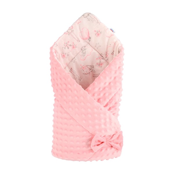 Dwustronny becik z Minky New Baby 75x75 cm misie i króliczki różowy